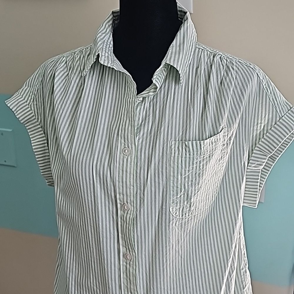 Japna Green and White Striped Short Sleeve Button-Up Blouse